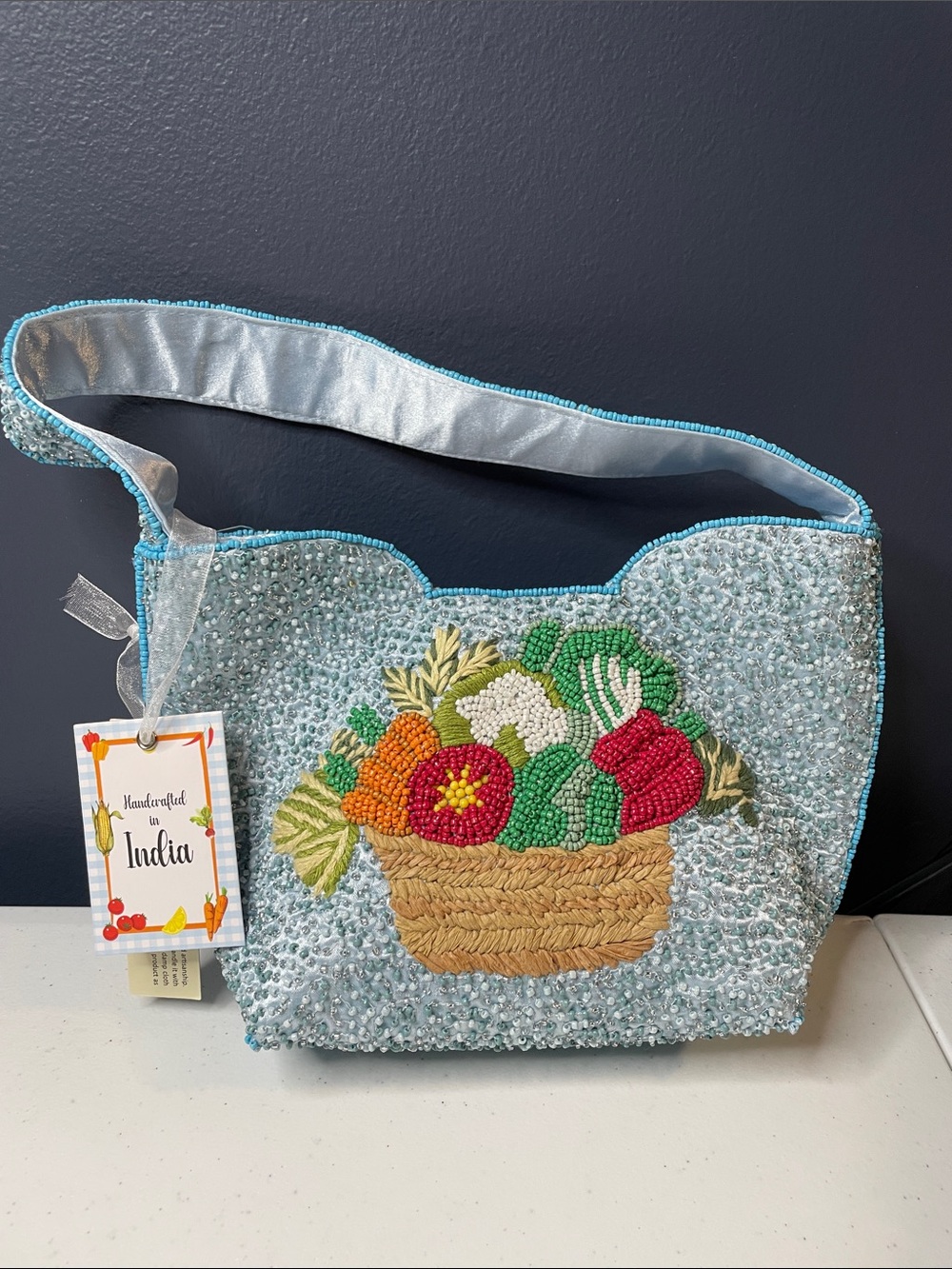 Handcrafted in India Beaded Shoulder Bag with Embroidered Fruit Basket
